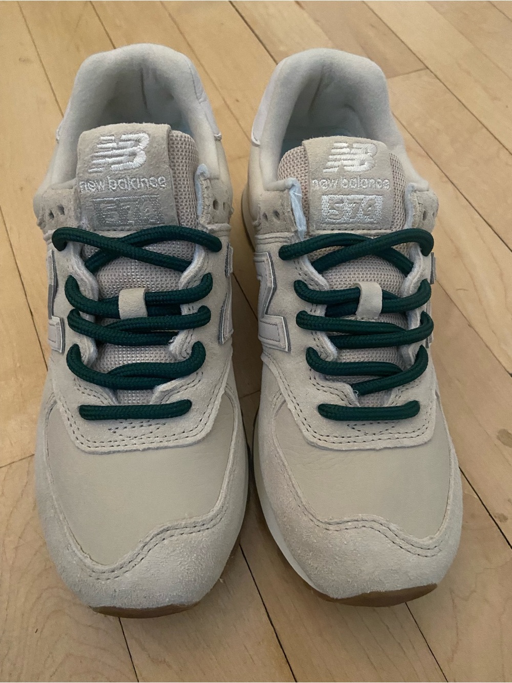 New Balance 574 Sneakers in Beige with dark green + extra matching beige laces
